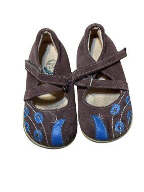 Livie & Luca Girls Brown & Blue Suede Mary Jane Shoes With Bird Design Size 9